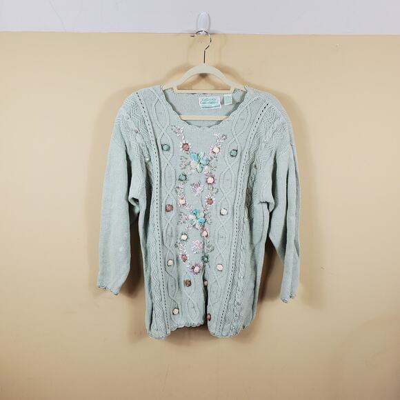 Vintage Colleen's Collectibles Chunky Knit Sweater with Flower Details Size XL - Picture 1 of 11